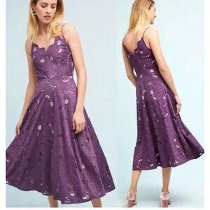 Anthropologie Moulinette Souers Purple Scalloped Lace Midi Dress V-Neck Size 0